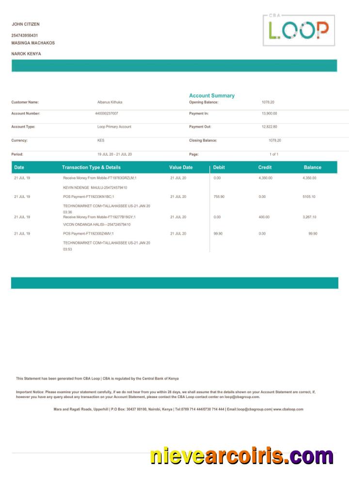 Kenya Loop bank statement Word and PDF